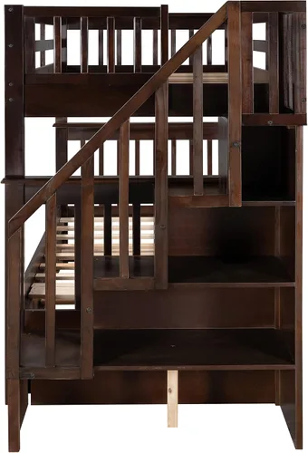 Vista 6 de Harper & Bright Designs Litera Individual sobre Individual con Escaleras y Cama Nido, Marco de Litera de Escalera de Madera Maciza con Espresso