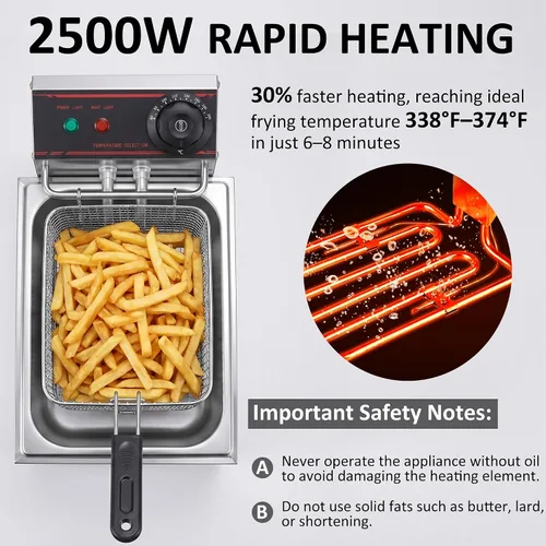 Vista 3 de Freidora de acero inoxidable – Freidora eléctrica de estilo comercial de 6.3 cuartos de galón con termostato ajustable, calentamiento rápido y cesta