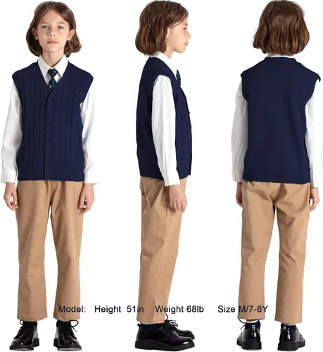 Vista 2 de BOBOYOYO Chaleco de suéter para niños, 100% algodón, chaleco para uniforme escolar, chaleco con botones para niños y niñas