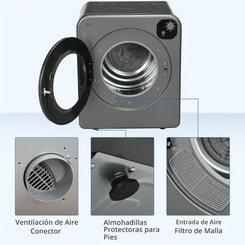 Vista 5 de HOMCOM - Secadora de ropa portátil, secadora de ropa compacta de 120V 1300W con secado inteligente, tambor de acero inoxidable de 3.2 pies cúbicos