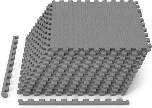 Vista 22 de Tangkula Alfombrillas de ejercicio de 12 azulejos con borde, tapetes protectores de espuma EVA antideslizantes, tapetes elásticos de juego
