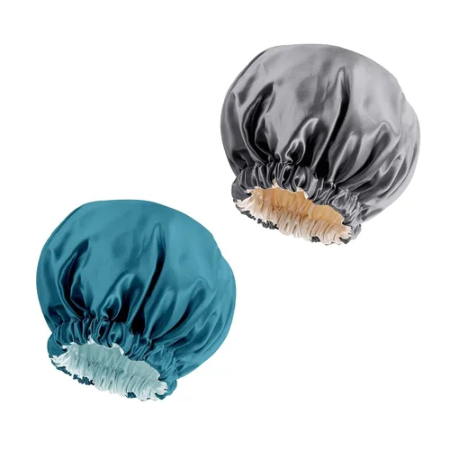 Vista 13 de Gorro de satén de seda para dormir, gorro de satén para dormir, gorro de satén para dormir para cabello natural y rizado (negro y verde negruzco)