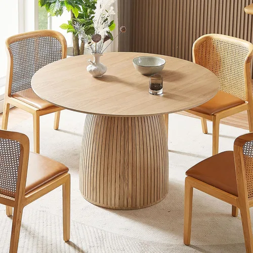 Vista 15 de JUSTONE Mesa de comedor redonda de 47.2'' para 4 personas, mesa de cocina moderna de madera con diseño de rejilla circular base de pedestal, mesa