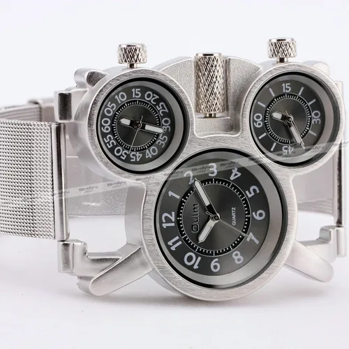 Vista 2 de OULM Reloj de pulsera de cuarzo para hombre, estilo militar, militar, correa de acero inoxidable, 3 zonas horarias, pantalla de gran tamaño + caja