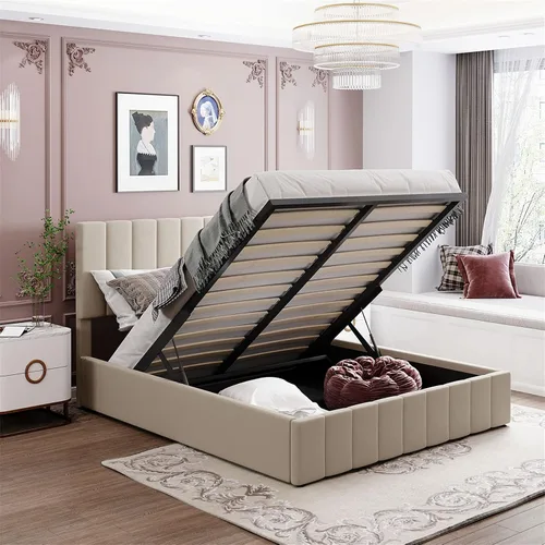 Vista 2 de Bellemave Cama de plataforma tapizada de tamaño matrimonial con almacenamiento hidráulico de elevación, base de cama matrimonial tapizada con Beige