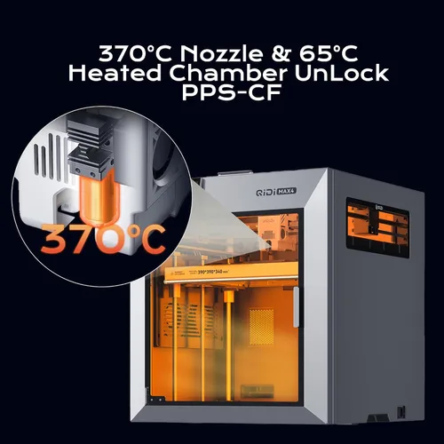 Vista 5 de Impresora 3D combinada QIDI Max4, volumen de construcción de 390 × 390 × Boquilla de 698 °F, tornillos de plomo Z duales, velocidad máxima de 31.496