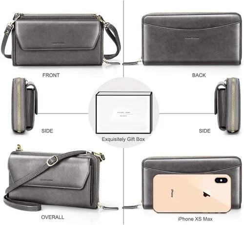 Vista 3 de nuoku Cartera RFID para mujer, bolso cruzado con cremallera alrededor de 2 correas