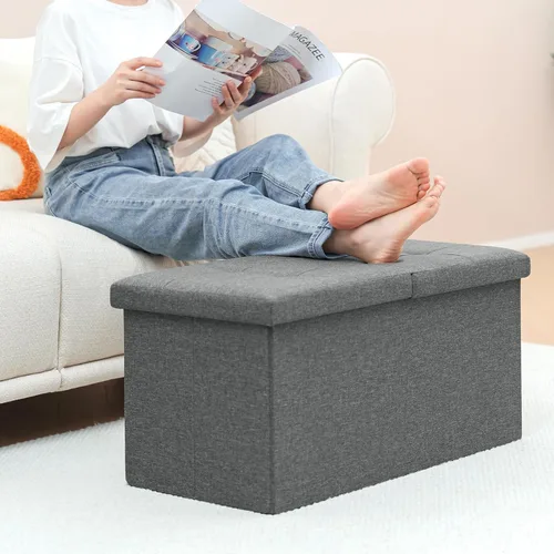 Vista 2 de B FSOBEIIALEO Otomana de almacenamiento con tapas abatibles, asiento reposapiés otomano, lino 30 x 15 x 15 pulgadas (gris)