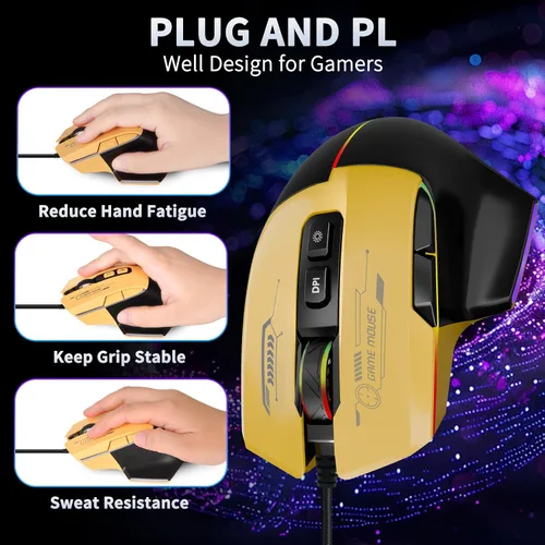 Vista 4 de Ratón para juegos, mouse para juegos con cable con retroiluminación RGB, 7200DPI ajustable, ratones para juegos de PC con 7 botones macro