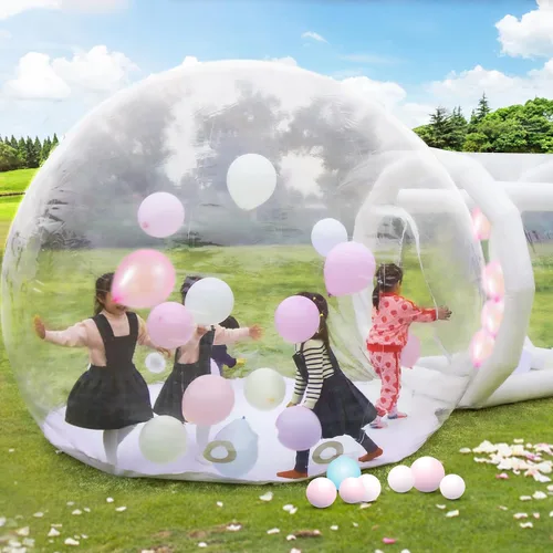 Vista 6 de Casa de Burbujas Inflable Cúpula para Niños y Adultos, Casa de Burbujas de PVC Transparente con Túnel, Soplador de Aire, Bomba de Aire, Casa