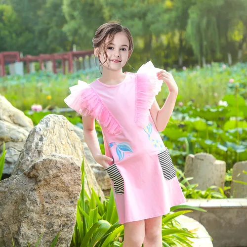 Vista 5 de Sunny Fashion Girls Dress Blue T-Shirt Pocket Embroidery Butterfly Tulle Flutter Sleeve