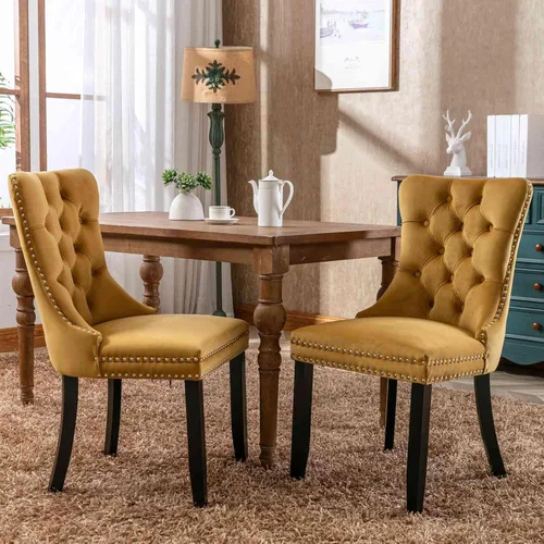 Vista 13 de Silla de comedor tapizada de terciopelo con respaldo copetudo y patas de madera, silla auxiliar moderna decoración de remaches, para comedor Negro