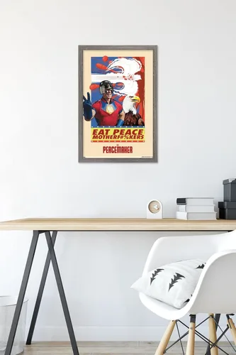 Vista 6 de DC Comics TV Peacemaker - Póster de pared Eat Peace, 22.4 pulgadas de largo x 14.7 pulgadas de ancho, versión enmarcada de madera de granero