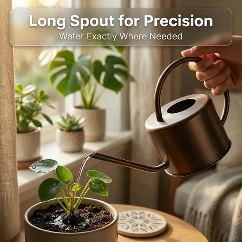 Vista 2 de Topadorn Regadera de metal de 1.3 L con boquilla larga, regadera de plantas de interior de bronce, regadera de jardín resistente al óxido con mango
