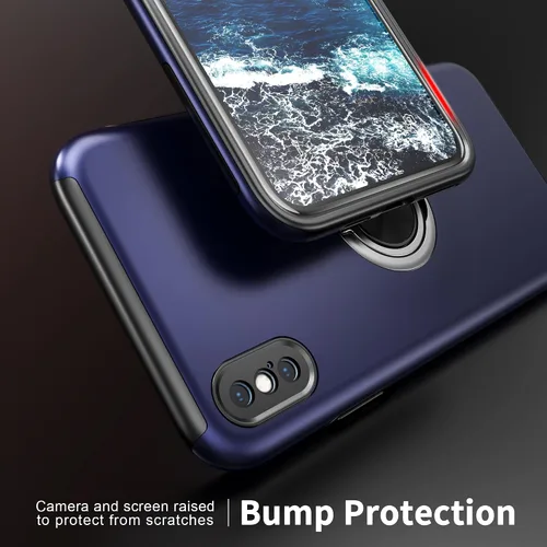 Vista 5 de Funda compatible con iPhone Xs Max con protector de pantalla de vidrio templado, funda híbrida 2 en 1, de ajuste delgado, con anillo magnético Azul