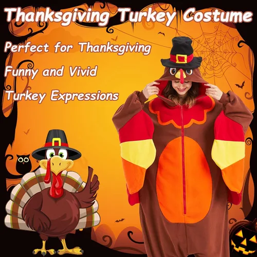 Vista 2 de MORNINGFLY Disfraz de pavo para adultos, disfraz de Acción de Gracias, Halloween, cosplay, pijama de una pieza para mujeres y hombres