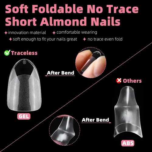 Vista 3 de 360 puntas de uñas cortas de almendra, puntas de uñas postizas cortas en forma de almendra, puntas de uñas acrílicas transparentes a presión, puntas