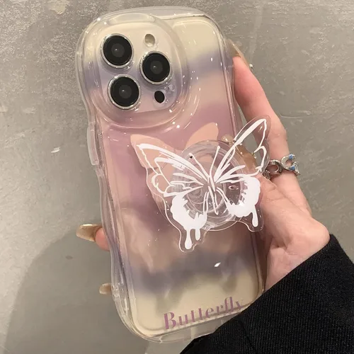 Vista 2 de Funda para teléfono 3D con gradiente rosa transparente de Corea con soporte de mariposa para iPhone 12 Pro Max