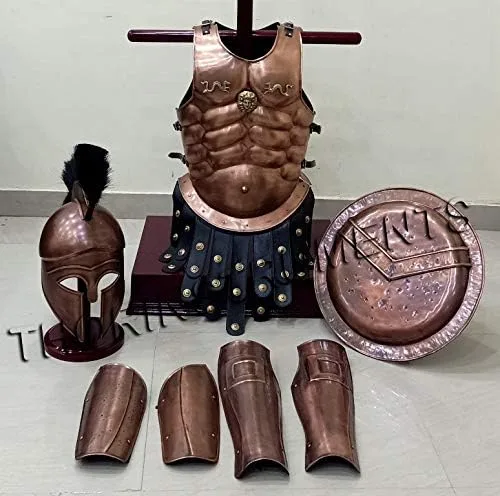 Vista 3 de THORINSTRUMENTS (with device) Chaqueta muscular medieval de cobre, casco griego de cobre, protector de brazos y piernas y escudo, disfraz de larp