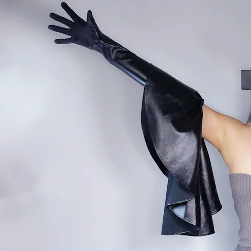 Vista 3 de DooWay Guantes largos con volantes Opear para pantalla táctil, color negro y blanco, de piel sintética, para fiesta de noche, pasarela, para mujer