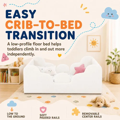 Vista 4 de Cama de suelo para niños pequeños, cama Montessori suave con rieles extraíbles