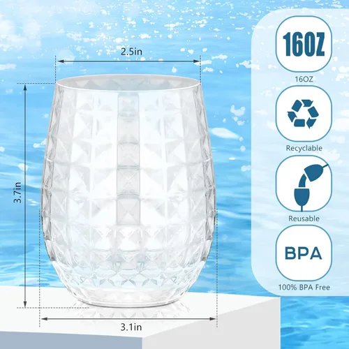 Vista 2 de Ctosree Juego de 12 vasos de piña Tiki de 12 onzas, copas de vino de plástico hawaianas Tiki tazas transparentes sin tallo, reutilizables, tazas