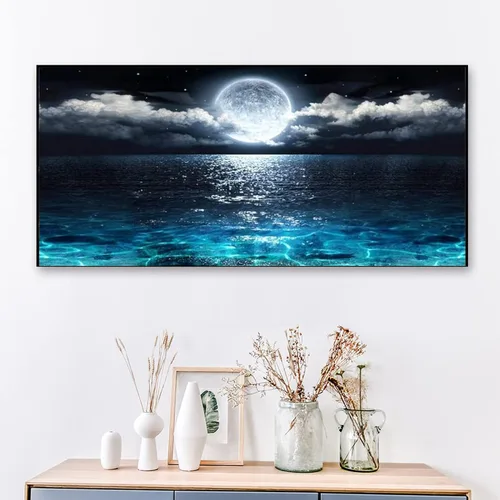Vista 4 de JATOK - Kits de pintura de diamantes grandes para adultos (31.5 x 15.7 pulgadas) DIY 5D Sea Moon Full Round Drill Crystal Rhinestone Bordado Cuadros