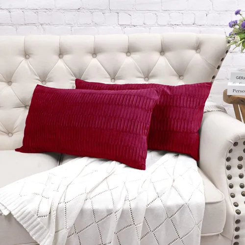 Vista 34 de Juego de 2 fundas de almohada decorativas de terciopelo a rayas plisadas de 14 x 26 pulgadas, funda de cojín rectangular suave y elegante para sofá