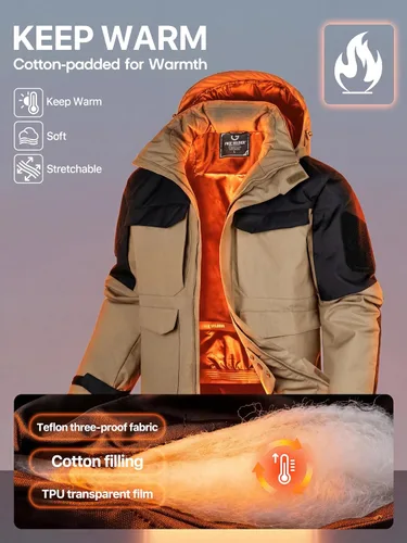 Vista 3 de FREE SOLDIER Chaqueta de esquí impermeable para hombre, abrigo cálido de invierno para nieve, snowboard con múltiples bolsillos, capucha desmontable