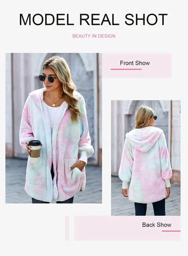 Vista 3 de Dokotoo - Chaqueta de manga larga y de vellón para mujer, cárdigan para el invierno, mullida, color sólido, frente abierto, con capucha