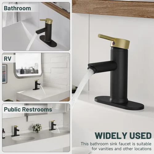 Vista 8 de Grifos de baño negros y dorados de 1 agujero, un solo mango, grifo de lavabo de baño moderno comercial con placa de cubierta, drenaje desplegable