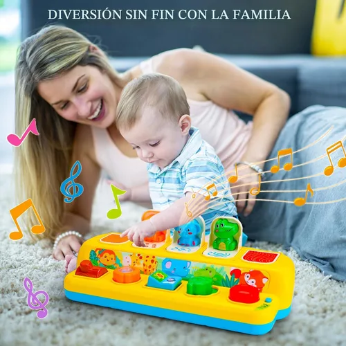 Vista 2 de Juguetes interactivos emergentes de animales con música y luz, juguetes Montessori de causa y efecto para niños y niñas de 1 año, juguete musical