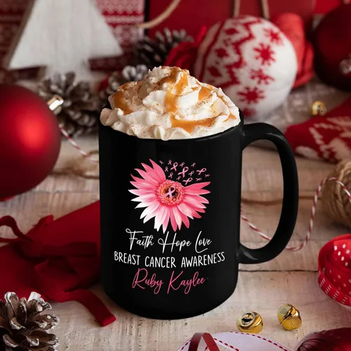 Vista 4 de Taza de café negra personalizada para el cáncer de mama, taza de viaje de concientización sobre el cáncer de mama, taza de café de cerámica