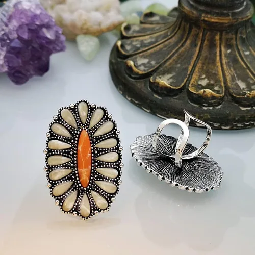 Vista 2 de Bohemia Vintage Turquesa Oval Flor Anillos Geométrica Étnica Natural Piedra Ajustable Plata Articulación Nudillos Anillos Western Cowgirl