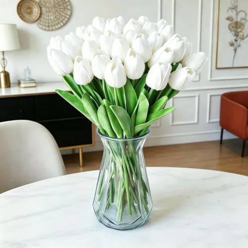 Vista 19 de Tulipanes artificiales de 12 piezas, de tacto real, tulipanes falsos de poliuretano, arreglo floral en ramo para decoración de fiesta en el hogar