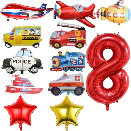 Vista 9 de 12 globos de transporte, camión, avión, autobús escolar, camión de bomberos, coche de policía, barco, ambulancia, submarino, globo de papel