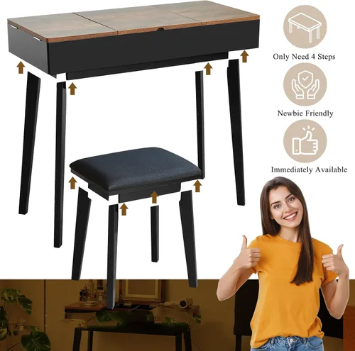 Vista 6 de Tocador Pequeño, Tocador Compacto para Niñas con Taburete y Toma de Corriente, Escritorio de Maquillaje con Espejo y Luz LED, Mesa de Tocador