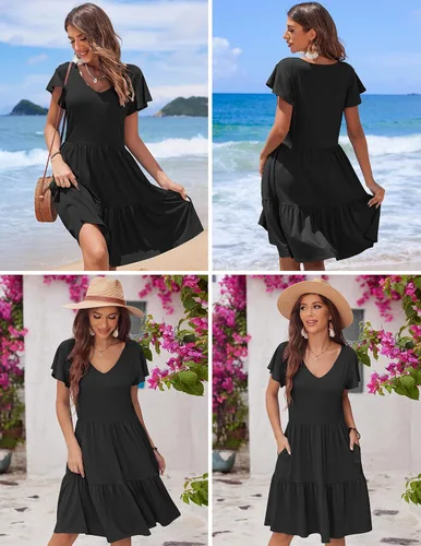 Vista 5 de HOTOUCH Vestido casual escalonado con bolsillos, cuello en V, con volantes, manga casquillo, vestido acampanado