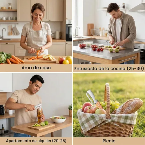 Vista 2 de Pelador de verduras multifuncional para cocina, hoja de acero inoxidable ultra afilada con mango de madera y abridor de botellas, para frutas y 1