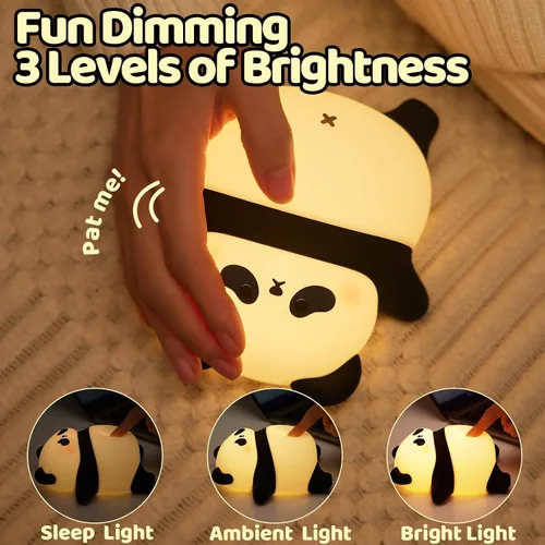 Vista 2 de Linda luz nocturna recargable de panda, luz nocturna para guardería con 3 niveles de atenuación y temporizador, luz nocturna de silicona de lindo