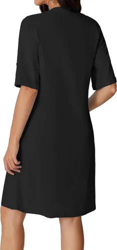 Vista 2 de Rooscier Vestido midi casual acampanado de manga corta con botones y cuello en V para mujer