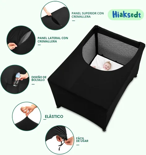 Vista 6 de Pack N Play - Funda opaca Hiaksedt para cuna para empacar y jugar, tienda de campaña opaca transpirable para cuna de viaje, cubierta de red elástica