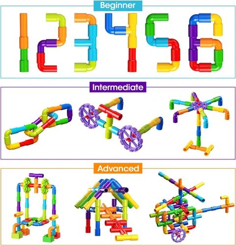 Vista 5 de burgkidz STEM - Bloques de construcción de tubo de aprendizaje para tubo, juguetes sensoriales con ruedas, placa base para todas las edades, niños