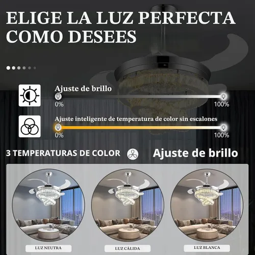 Vista 5 de Ventilador de techo de cristal de 42 pulgadas con luces, moderno ventilador de techo con control remoto, ventilador de techo retráctil invisible