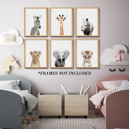 Vista 6 de calmart Arte de la pared: 6 Decoración para colgar en la pared de animales de la selva sin marco para la habitación de los niños, guardería, fiesta