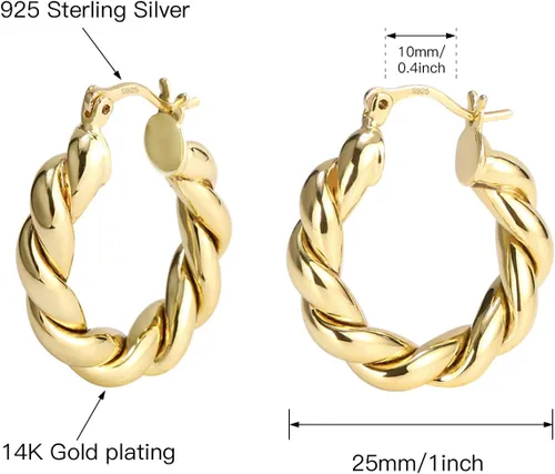 Vista 5 de Gold Hoop Earrings for Women Girls,14K Gold Plated Sterling Silver Hoop Earrings, Lightweight and Hypoallergenic Earrings for Gift