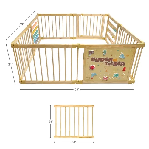Vista 10 de Corralito de madera extragrande para niños pequeños y bebés - Diseño de juguete con tema Bajo el Mar - (8/10) Paneles de madera - Corralito plegable