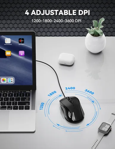Vista 3 de TECKNET Ratón con Cable, Ratones de Computadora con Cable USB, 3600DPI 4 Niveles Ajustables, Ratón Ergonómico de 6 Botones para Laptop PC Desktop