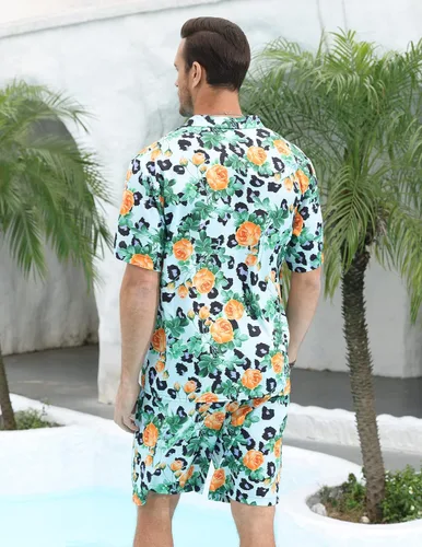 Vista 2 de LUCKYOUNG Conjunto de camisa hawaiana y pantalón corto para hombre, 2 piezas, camisa de manga corta con botones, trajes de vacaciones en la playa