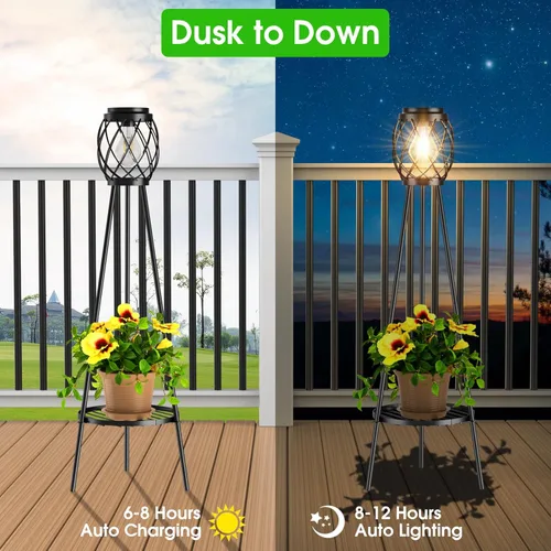 Vista 6 de MXwcy Lámpara de pie solar con soportes para plantas, luces solares para exteriores con bombillas LED Edison vintage, luces de jardín resistentes a